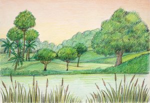 عصور ما قبل التاريخ - التعليم العالي - إعادة بناء البيئة الطبيعية (لون ليثو) بواسطة المدرسة الايطالية