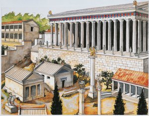 Reconstruction of the Apollo Sanctuary, Delphi, 8th to 3rd century BC (colour litho) بواسطة المدرسة الايطالية