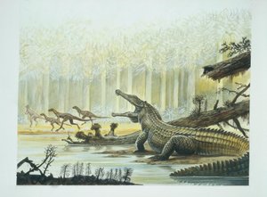 Rutiodon مع Fabrosaurus في الخلفية ، العصر الترياسي (لون ليثو) بواسطة المدرسة الايطالية