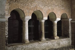 منظر لدير كنيسة سانت فنسنت وسانت أناستاسوس دير النوافير الثلاثة (تري فونتان) (Chiesa dei Santi Vincenzo e Anastasio alle Tre Fontane) (منظر لدير كنيسة القديس فينسينزو إي أناستاسيو ، أبازيا ديلي تي بواسطة المدرسة الايطالية