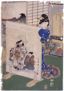 امرأة تقف خلف Tsuitate مع لوحة S. "Kunisada" (نقش خشبي ملون) بواسطة المدرسة اليابانية