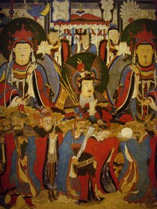 بوذا وبوديساتفا يرافقان أولياء أمورهما ، يرسمان على لفة ، فترة جوسون (1392-1896) ، كري. تصوير ، متحف سيول الوطني ، جمهورية كوريا بواسطة المدرسة الكورية
