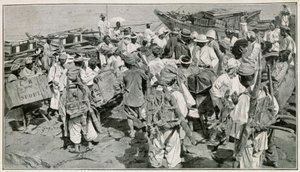 حمالون كوريون في ميناء تشيمولبو (كوريا الجنوبية) ، يفرغون سفن الينك - رسم توضيحي بعد تصوير القرن التاسع عشر بواسطة جي دي بانج ، من السفر في كوريا للطبيب هاغن بواسطة المدرسة الكورية
