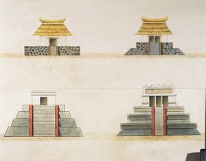 Historical reconstruction of buildings in Tenochtitlan (colour litho)