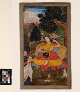 امرأة جالسة تعزف على فينا ، ينتظرها خادم ، حوالي عام 1590 (ألوان مائية غير شفافة وذهبية على ورق) بواسطة مدرسة المغول