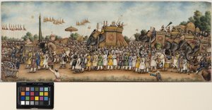 أكبر شاه الثاني يركب فيلًا في موكب ضخم ، حوالي عام 1835 (ألوان مائية غير شفافة وذهب على عاج) بواسطة مدرسة المغول