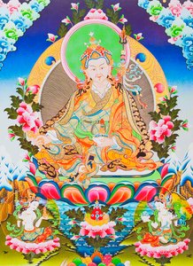 صورة تصور Padmasambhava والمعلم Rinpoche ، الرسول المؤلَّف من التبت التانترية الذي يقال إنه سيطر على الشياطين والأرواح (الغواش على القماش) بواسطة المدرسة النيبالية