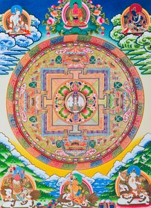 ماندالا بألف سلاح Avalokiteshvara ؛ الدائرة المقدسة السحرية التي تصور بوديساتفا الأحد عشر رأسًا والتي ترمز إلى الرحمة اللانهائية (الغواش على القماش) بواسطة المدرسة النيبالية