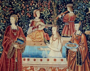 ستارة حياة الربوبية: الحمام. التفاصيل. نسيج من الصوف والحرير صنع حوالي عام 1520 في هولندا. الشمس 2.8x2.6 م باريس ، المتحف الوطني للعصور الوسطى ، تيرمس دي كلوني
