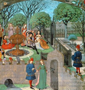 Harl 4425 f.12v مشهد الحديقة ، العاشق والسيدة Oyseuse (الخمول) خارج أسوار الحديقة ، من "Roman de la Rose" ، بروج ، حوالي 1490-1500 (ورق)
