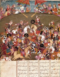 الفن الإسلامي: ساحة المعركة. منمنمة فارسية من مخطوطة القصيدة الملحمية "شاهنامه" (شاه ناما ، شاهنامه) (كتاب الملوك) للفردوسي (الفردوسي ، أو الفردوسي ، أو الفردوسي ، حوالي 940 - حوالي 1020) مكتبة ناسيونالي نابولي بواسطة المدرسة الفارسية