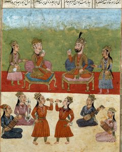 Islamic art: concert and entertainment in a harem. Persian miniature from a manuscript of the epic poem “Shahnameh”” (Shah Nama, Shahnama) (Book of Kings) by Ferdowsi (Firdawsi, or Ferdawsi, or Firdousi, ca. 940-around 1020) Biblioteca Nazionale Naples بواسطة المدرسة الفارسية