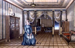 عانس في غرفة جلوس كلاسيكية حديثة ، حوالي عام 1835 (ألوان مائية مع ارتفاع على الورق) بواسطة المدرسة الروسية