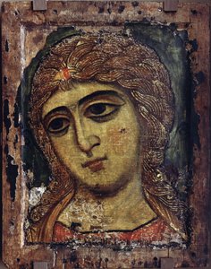 Archange Gabriel - The Archangel Gabriel (الملاك ذو الشعر الذهبي) - أيقونة روسية - حوالي 1200 - تمبرا على لوحة - 49x38،5 - متحف الدولة الروسي ، سانت بطرسبرغ بواسطة المدرسة الروسية