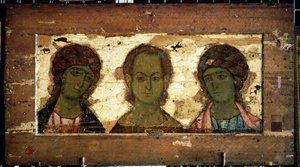 المسيح عمانوئيل محاط برؤساء الملائكة ميخائيل وجبرائيل (المسيح عمانوئيل مع رؤساء الملائكة ميخائيل وجبرائيل). أيقونة روسية ، تمبرا على خشب ، أواخر القرن الثاني عشر. فن فلاديمير (روسيا). معرض الدولة تريتياكوف ، موسكو (روسيا). بواسطة المدرسة الروسية