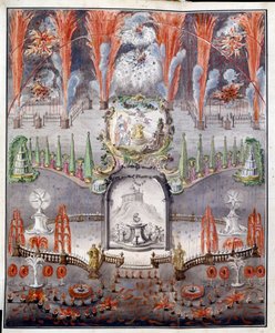 الألعاب النارية والإضاءة في 17 سبتمبر 1747 في Gostilitsy (روسيا). عمل مجهول ، نقش نحاسي ملون بالألوان المائية ، منتصف القرن الثامن عشر. الفن الروسي بواسطة المدرسة الروسية