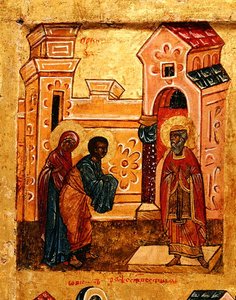 أيقونة تصور يواكيم وآنا يزوران الهيكل في القدس ، حوالي 1550 (تمبرا وورقة ذهبية على اللوحة) (تفاصيل 314500) بواسطة المدرسة الروسية