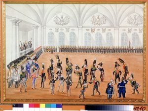 موكب الحرس. لوحة مجهولة. لوحة مائية على الورق ، حوالي عام 1820. فن روسي ، هجاء. متحف بوشكين التذكاري ، سانت بطرسبرغ. بواسطة المدرسة الروسية