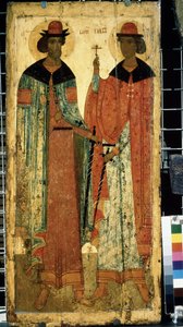 "" القديسين بوريس وجليب ، ابنا فلاديمير الأول من كييف "" الرمز الروسي. الرسم على الخشب حوالي عام 1450. معرض الدولة تريتياكوف ، موسكو بواسطة المدرسة الروسية