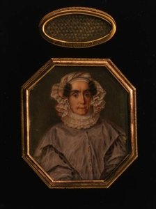 صورة لبراسكوفيا ميخائيلوفنا تولستايا (1777-1844) ، بقفل شبكي من شعرها ، حوالي عام 1844 (ألوان مائية وغواش) بواسطة المدرسة الروسية
