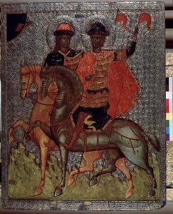 القديسين بوريس (أو الرومان) وجليب (أو ديفيد) على ظهر حصان (شهداء عام 1015) (القديسان بوريس وجليب على ظهور الخيل). الأبناء الأصغر للقديس فلاديمير ، أمير كييف الأكبر ، كانوا دائمًا متميزين بتقواهم ، ولكن عند وفاة والدهم الأكبر سفيا بواسطة المدرسة الروسية