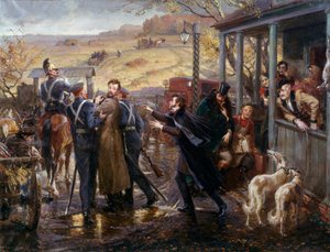 The Russian poet Alexander Pushkin (Pushkin) (1799-1837) meets his Decembrist friend Kukhelbacker who departs to Zabaze railway station in 1827 Painting of the Russian School. 19th century St. Petersburg, Hermitage Museum بواسطة المدرسة الروسية