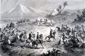 مغامرة ، مسافرون يهاجمون من قبل اللواء ، رسم توضيحي من "العودة إلى العالم" (نقش) بواسطة مدرسة الاسبانية