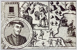 Spaniards under Juan de Grijalva land at Yucatan and engage Maya warriors at the Battle of Champoton, May 1518 (litho) بواسطة مدرسة الاسبانية