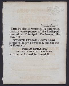 Notice of a change to the billed performance at the Theatre Royal, Edinburgh, 30 September 1829 (litho) بواسطة المدرسة الاسكتلندية