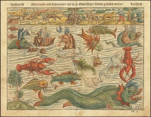 طبعة عام 1570 من كتاب سيباستيان مونستر "خريطة وحوش البحر بواسطة سيباستيان مونستر