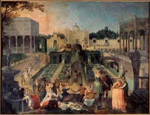 A party in the park of the Duke of Mantua Picnic, music, gallant scenes in the gardens of the palace of the Duke of Gonzaga (Gonzaga). Painting by Sebastien Vrancx (1573-1647) 17th century Sun. 1,42 x 1,88 m Rouen musee des Beaux Arts