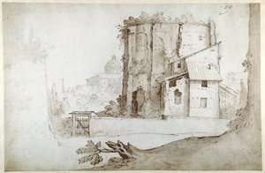 Ruins on the Celio with the church of SS. Giovanni e Paolo (pen & brown ink with a grey brown wash on white paper)