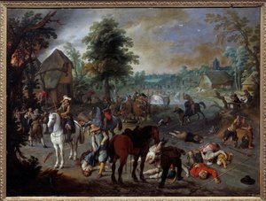 مشهد من النهب في قرية لوحة لسيباستيان فرانكس (1573-1647) (ec.flam.) القرن السابع عشر نيم ، متحف الفنون الجميلة