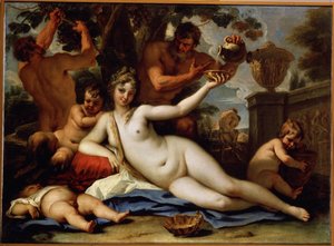 Bacchante et satyres (Bacchante and Satyrs). يقطف الساتير العنب من الكرمة ويقدمون النبيذ الأحمر إلى الباشانت ، وهي أنثى مستلقية عارية. لوحة لسيباستيانو ريتشي (1659-1734) ، حوالي عام 1713. فن البندقية. زيت على قماش. متحف هيرميتاج ، سا