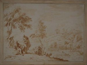 مناظر طبيعية رعوية واسعة مع Hill-town ، حوالي عام 1720 (حبر بني وغسل) بواسطة سيباستيانو ريتشي