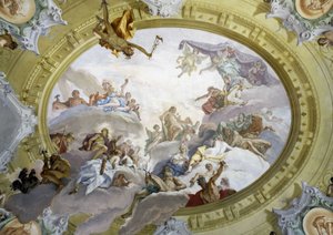 تأليه هرقل. لوحة جدارية لسيباستيانو ريتشي (1659-1734). قصر ماروتشيلي فينسي، فلورنسا. بواسطة سيباستيانو ريتشي