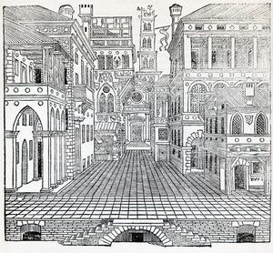 Magic scene, theatrical scene design by Sebastiano Serlio (1475-1554), illustration from Treatise on Architecture, Book II بواسطة سيباستيانو سيرليو