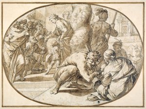 A Queen distributing alms to a crippled beggar in the temple at Jerusalem, early 17th century (pen & brown ink with brown wash) بواسطة المدرسة الثانية في فونتينبلو