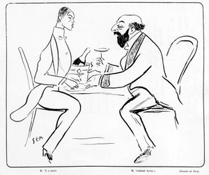 رسم كاريكاتوري لنيجيسكي وغابرييل أستري في أحد المقاهي ، رسمه سيم (1863 - 1934). بواسطة سيم