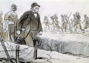الحرب العالمية الأولى: صورة كليمنصو (1841-1929) في غلاف يزور الجبهة. رسم جورج جورسات ديت سيم (1863-1934) بواسطة سيم