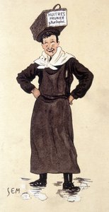 بائع محار من متجر Prunier. وقعت Chromolithography SEM (1863 - 1934).