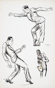 يؤدي رجلان يرتديان ربطة عنق سوداء أداء La Danse Havas إلى الساكسفون ، من White Bottoms ، حانة. 1927 (طباعة كتلة ملونة) ، من White Bottoms ، حانة. 1927 (طباعة كتلة ملونة) بواسطة سيم