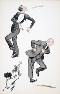 رجلان يرتديان ملابس رقص بينما يعزف موسيقي على البوق من حانة White Bottoms. 1927 (طباعة كتلة ملونة) بواسطة سيم
