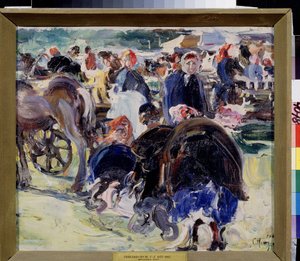 عادل. سوق المقاطعات مع الفلاحات والتجار. لوحة سيميون جافريلوفيتش نيكيفوروف (1877-1912) ، زيت على قماش بواسطة السائل المنوي غافريلوفيتش نيكيفوروف