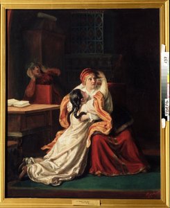 تسارينا كسينيا جودونوفا (1581-1622) (تساريفنا كسينيا جودونوفا). طفل خائف يندفع إلى أحضان أحدهم. لوحة لسيرجي إيفانوفيتش غريبكوف (1820-1893) ، زيت على قماش ، الفن الروسي في القرن التاسع عشر. المعرض الإقليمي للفنون ، تفير (روسيا)