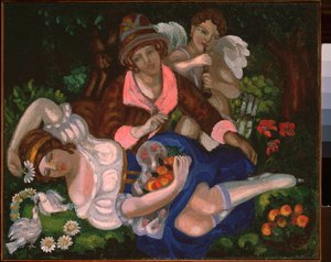 مشهد استعاري. (زوجان من العشاق ، محاطان بزوج من الحمائم وكوبيد يعزف الموسيقى). لوحة لسيرجي يوريفيتش سوديكين (سيرج سوديكين) (1882-1946) ، زيت على قماش ، حوالي عام 1910. الفن الروسي ، القرن العشرين ، فن الآرت نوفو ، الحداثة. بواسطة سيرجي يوريفيتش سوديكين