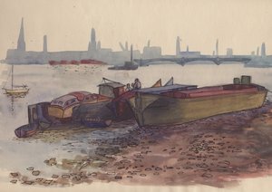 صنادل على نهر التايمز في لندن ، 1951. بواسطة شيرلي ماركهام