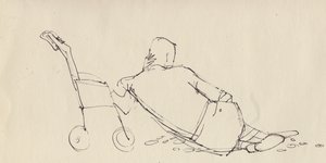 رجل يتكئ على كرسي دفع على الشاطئ ، c1950. بواسطة شيرلي ماركهام