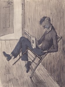 شاب يتكئ على كرسيه بمحاذاة حائط ، 1952. بواسطة شيرلي ماركهام