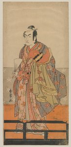 ممثل كابوكي Ichikawa Monnosuke II يحمل خوذة Gagaku Dancers and Robe ، فترة إيدو ، ج .1780s (طبعة خشبية ملونة) بواسطة شونجو